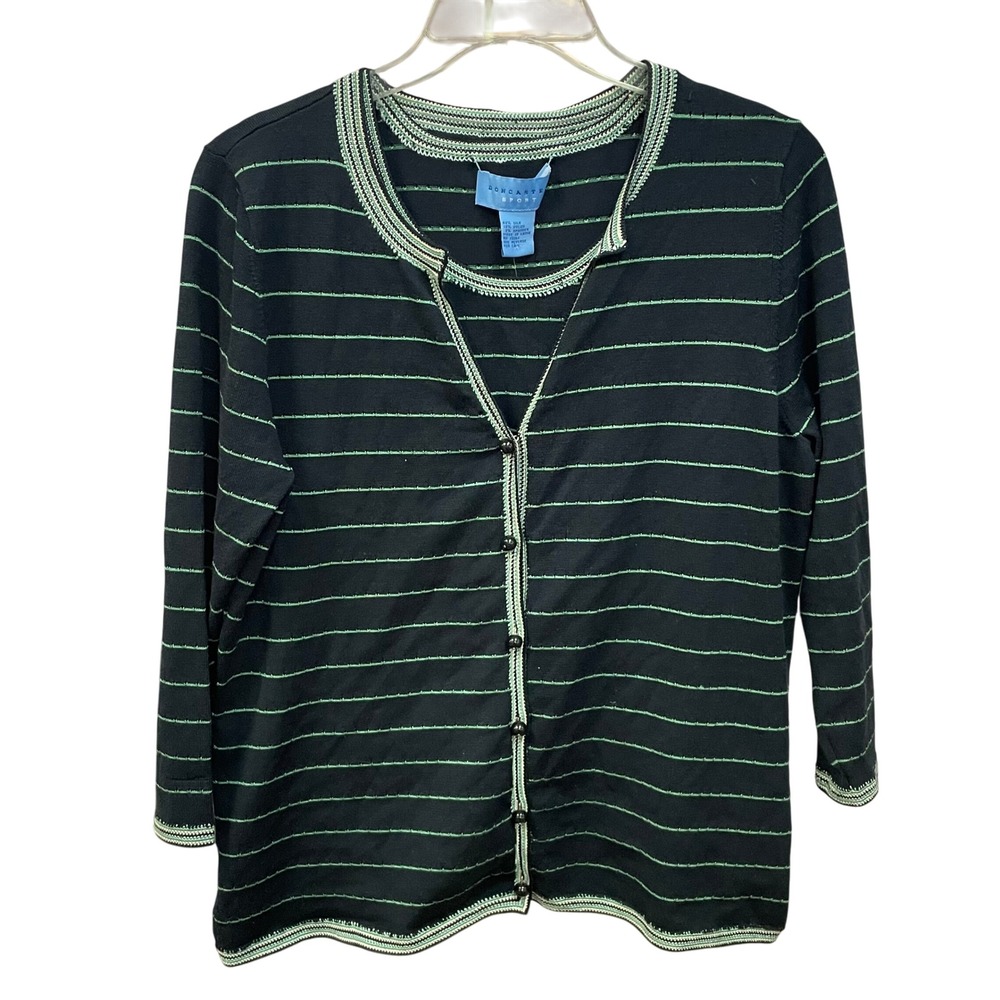 DONCASTER SPORT Navy Striped‎ Silk Blend Knit Cardigan Sweater Top M